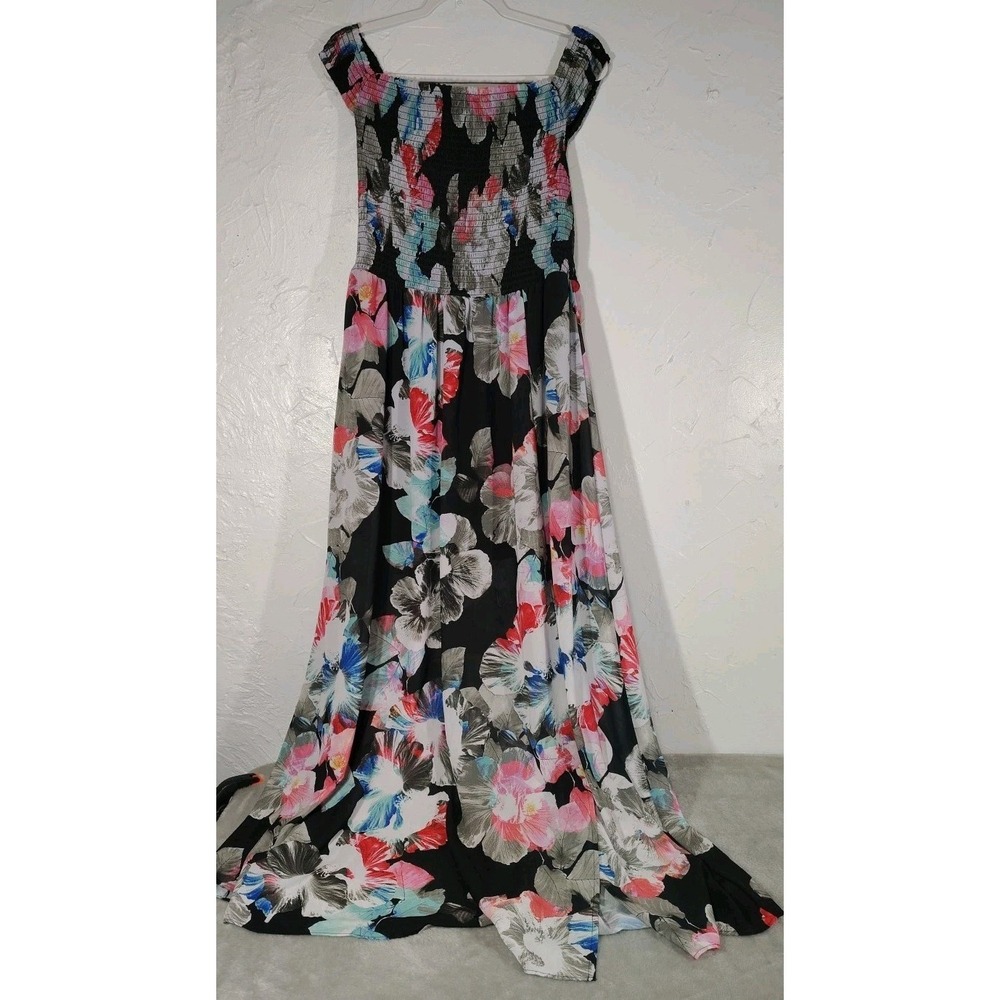 bebe Black Floral Maxi Dress with Pink Blue and White Accents